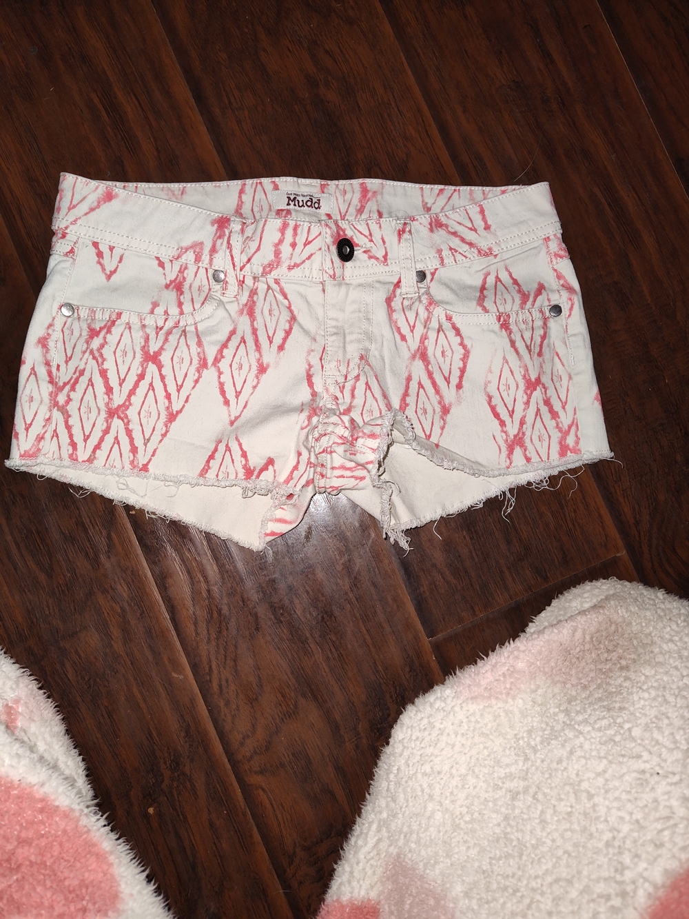 Mudd White Denim Shorts with Pink Geometric Print